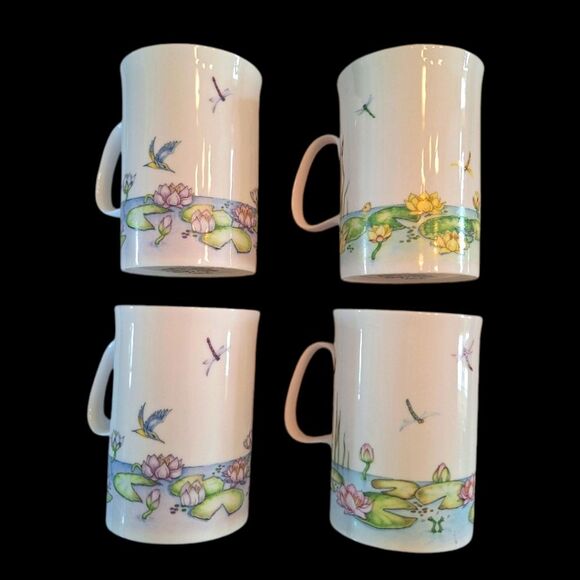 Rare Lot 4 Vintage Dunoon Bone China Lily Pond Mugs Cherry Denman Dragonfly Cup - Picture 2 of 16